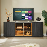 64-Inch Wavy TV Cabinet, Round Sideboard, Wooden Vertical Stripe Storage Cabinet, Aluminum Door Framed Tempered Glass Cabinet For Living Room Bedroom Entryway. Black,64W X 15D X 24H.