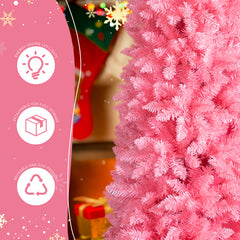 7.5 FT Hinged Christmas Tree, Artificial Pencil Christmas Tree, Unlit Artificial Christmas Pine Tree With 1075 Branch Tips And Sturdy Stand, Pink