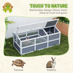 Wooden Tortoise Habitat Outdoor w/ Bottomless Design, Doors, PC Sun Panel Windows, for Small Animals, Rabbit, Light Gray