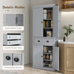72" Traditional Kitchen Pantry Cabinet, Freestanding Tall Storage Cabinet with 4 Doors, Drawer and 3 Adjustable Shelves for Dining Room, Gray