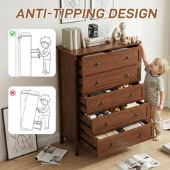 Brown (1061 Solid Cherry Wood) P2 Particleboard + MDF Melamine 80*40*115cm Framed, Double Handles, Five Drawers Cabinet