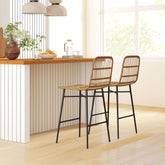 Rattan Counter Bar Stools Set of 2, 26" Counter Height Barstools with Back, Bar Chairs for Kitchen Island, Brown