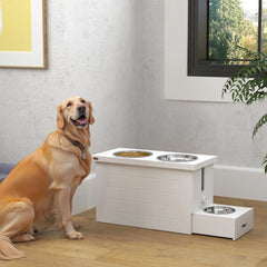 PawHut Elevated Dog Bowls With Slow Feeder Mat, Storage Cabinet, 3 Stainless Steel Bowls For Large & Extra Large Dogs, White