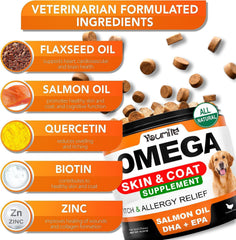 Youmile Omega 3 For Dogs - 120Ct Fish Oil Treats - Allergy & Itch Relief Skin & Coat Supplement - Dry Itchy Skin, Anti Shedding & Hot Spots Treatment - Pet Salmon Oil Chews - Chicken Flavor Dog Vit