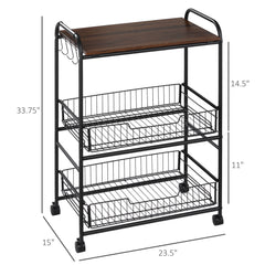 3 Tier Rolling Kitchen Cart with Storage, Kitchen Island Cart on Wheels with 2 Sliding Fruit Basket, Microwave Cart with Side Hooks for Dining Room, Walnut