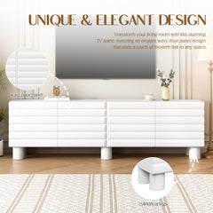 Stylish Thick Wavy Door TV Cabinet With Adjustable Shelves, Cream Style TV Stand With 4 Cabinets For TVs Up To 75, Solid Media Console With Cylindrical Legs And Cable Holes For Living Room, White