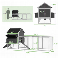 137" Wooden Chicken Coop for 8-10 Chickens, Backyard, Gray