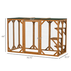 Outdoor Cat House, Catio Wooden Feral Cat Shelter, Cat Cage with Platforms, Large Enter Door, Weather Protection Asphalt Roof, 71" L, Orange