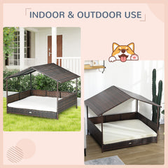 Outdoor Dog Bed with Canopy, Rattan Dog Bed with Soft Cushion Removable Cover for Medium and Large Dogs, Cream White