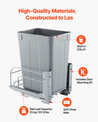 35QT Pullout Waste Container Under Cabinet Kitchen Bin Trash Can Soft Close