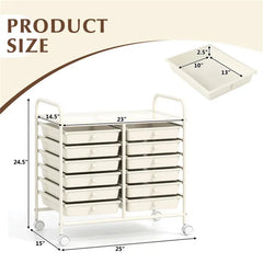 12-Drawer Rolling Storage Cart - 2-Row 10-Storey, Multicolor Drawers, 4 Wheels (2 Brake), White Frame-White