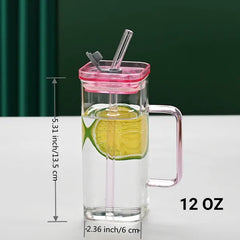 1 Pcs Pink Glass Straw Cup, 6 Colors Square Glass Cup With Straw And Lid, High Borosilicate Glass Cup, Milk Cup, Juice Cup, Cold Drink Cup, Coffee Cup, Tea Cup, Office Cup, Gift Cup