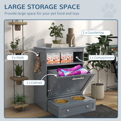 Pet Feeder Station Storage Cabinet, Dog Food Storage Container with Dog Raised Bowls, Watering Supplies, Gray