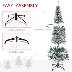 HOMOM 7.5ft Flocked Christmas Tree, Pencil Artificial Xmas Tree with Faux Snow, Dense Branches, Foldable Metal Base for Indoor Holiday Decor