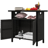 Outdoor Pool Towel Storage Cabinet Organizer, Outdoor Bar Table With Shelf And Cabinet, Pool Towel Holder Pool Valet With Weather-Resistant PE Rattan And Steel Frame, Espresso