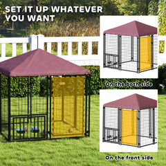 Welded Wire Outdoor Dog Kennel with 360° Rotating & 4 Levels Adjustable Bowls, Waterproof Cover, 4.6' x 4.6' x 5'