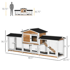 90.5" Wooden Rabbit Hutch Bunny Cage Pet Playpen House Enclosure with Double Side Run Boxes, No Leak Tray, Ramp, for Rabbits, Chickens, Ducks, Guinea Pig and Small Animals, White