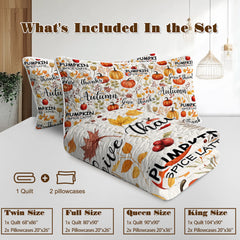 Pumpkin Autumn Leaves Print Quilt Set -1 Quilt, 2 Shams