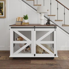 47.2 Mobile Dog Crate With Flip-Top Feeding Door, Dual-Access & 5 Caster System 2 Locking, Side Hooks - Multi-Functional Pet Kennel,double Dog Crate Furniture