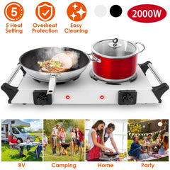 2000W Electric Dual Burner Portable Coil Heating Hot Plate Stove Countertop RV Hotplate With 5 Temperature Adjustments Portable Handles For Food Preparation