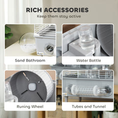 2-Tier Hamster Cage with Sand Bathroom, Running Wheel, Water Bottle, Tubes, Accessories, for Dwarf Hamster, Gray