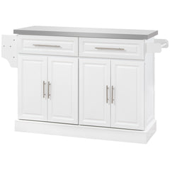 Rolling Kitchen Island Cart with Wheels, Portable Island Table for Kitchen with Stainless Steel Top, Adjustable Shelves, 2 Drawers, Spice, Knife and Towel Rack, White