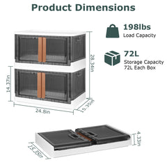 2Pc Foldable Storage Bins With Lid Collapsible Stackable Closet Organizer Containers With Front Door Lock 4Pcs Wheels 32L 72L Size Options