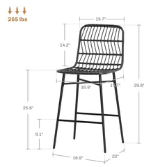 Rattan Counter Bar Stools Set of 2, 26" Counter Height Barstools with Back, Bar Chairs for Kitchen Island, Black