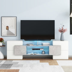ON-TREND Unique Shape TV Stand With 2 Illuminated Glass Shelves, High Gloss Entertainment Center For TVs Up To 88, Versatile TV Cabinet With LED Color Changing Lights For Living Room, Grey