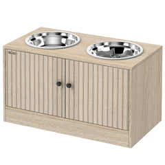 Elevated Dog Bowls with Storage Cabinet, 2 Stainless Steel Bowls, Slow Feeder, Dog Feeding Station for Large Dogs, Oak