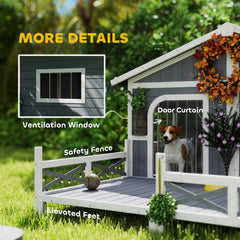 Dog House Outdoor, Wooden Dog Kennel Weatherproof with Porch, Openable Roof, Removable Bottom, Elevated Floor, Double Room for 2 Small to Medium Breeds, Gray