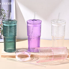 20 Oz 2-pack Pink Glass Straw Cup With Vertical Pattern Cup And Lid, High Borosilicate Heat-resistant Glass Cup For Juice, Milk And Cold Drinks