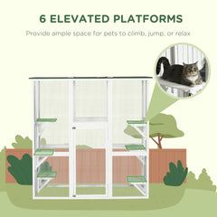 Outdoor Cat House Big Catio Wooden Feral Cat Shelter Enclosure with Large Spacious Interior, 6 High Ledges, Weather Protection Asphalt Roof, 71" L, White