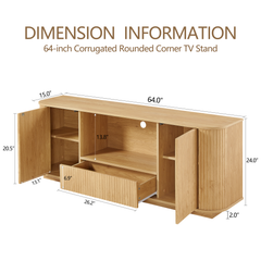 64-Inch Wavy TV Stand, Rounded Sideboard, Storage Cabinet, Wooden Vertical Stripe Cabinet For Living Room Bedroom Entryway Natural,64W X 15D X 24H.