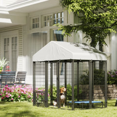 Outdoor Dog Kennel With Roof, Rotating & 4-Level Adjustable Bowls