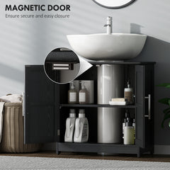 Farmhouse Pedestal Sink Storage Cabinet, Bathroom Sink Cabinet with 2 Barn Doors and Adjustable Shelf, Distressed Black