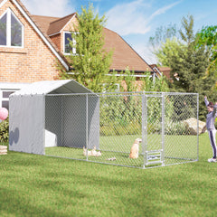 Galvanized Chain Link Large Outdoor Dog Kennel with Waterproof & UV-Resistant Cover, for M&L Dogs, 19.7' x 7.5' x 7.5'