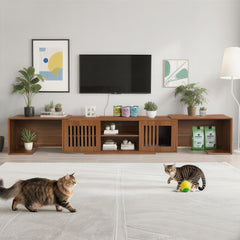 Mid-Century Modern 54.3 Extendable TV Stand Up To With Cat House Litter Box Enclosure Walnut Wood Entertainment Center, Sliding Doors, Hidden Pet Furniture