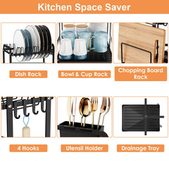 1Pc 2-Tier Dish Drying Rack For Kitchen Counter Space Saving Rustproof Dish Rack With Drainboard Detachable Kitchen Drainer Organizer Set With Utensil Holder Bowl Rack Dish Rack Chopping Board Rack