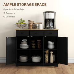 Kitchen Storage Cabinet, Sideboard Floor Cupboard with Solid Wood Top, Adjustable Shelf, and 3 Drawers, Black Wood Grain