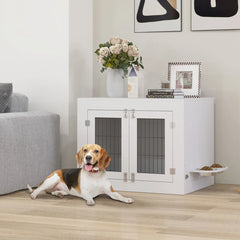 PawHut Dog Crate Furniture With 360 Rotatable Removable Dog Bowls, Dog Kennel Furniture For Medium Dogs, White
