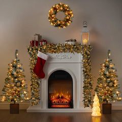 Pre-lit Holiday Christmas 4-Piece Set, Christmas Garland, Wreath And Set Of 2 Entrance Trees With Warm White LED Lights And Remote Control, Artificial Christmas Tree Celebrating Set, Snowy Green