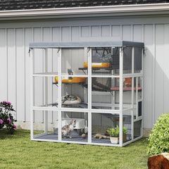 Large Outdoor Catio Cat Enclosure With Hammock, Condo,Platforms, Ladders, Ramps, Tarp, For 2-4 Large Cats, Gray