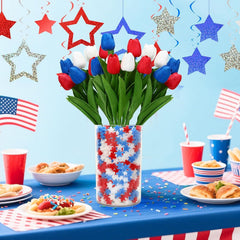4th Of July Decorations, 12 Pcs Patriotic Artificial Tulips With 180 Pcs Red White Blue Sponge Stars Independence Day Vase Filler For Home Table Centerpiece Decor Clearance Sale