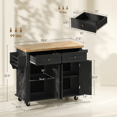 Kitchen Island Cart with Rubber Wood Top, Rolling Kitchen Island Table on Wheels with Drawers, Adjustable Shelves, Spice Rack and Towel Rack for Dining Room, Black