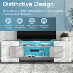 ON-TREND Unique Shape TV Stand With 2 Illuminated Glass Shelves, High Gloss Entertainment Center For TVs Up To 88, Versatile TV Cabinet With LED Color Changing Lights For Living Room, Grey