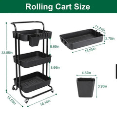 3 Tier Rolling Utility Cart Movable Storage Organizer With Mesh Baskets Lockable Wheels 360 Degree Rotatable Hanging Box Hooks Bedroom Bathroom Kitchen
