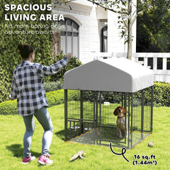 Welded Wire Outdoor Dog Kennel with 360° Rotating & 4 Levels Adjustable Bowls, Waterproof Cover, 3.9' x 3.9' x 4.5'