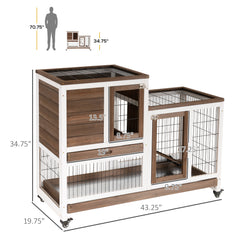 Wooden Rabbit Hutch Elevated Bunny Cage Indoor Small Animal Habitat with Enclosed Run with Wheels, Ramp, Removable Tray for Rabbits, Chickens, Ducks, Guinea Pigs, Brown