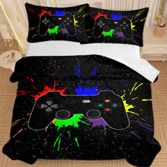 Black Video Game Comforter For Girls Boys Red Blue Green Purple Yellow Ink Game Controller Bedding Boy Bedroom Living Bed Decor With 1 Comforter 2 Pillow Shams